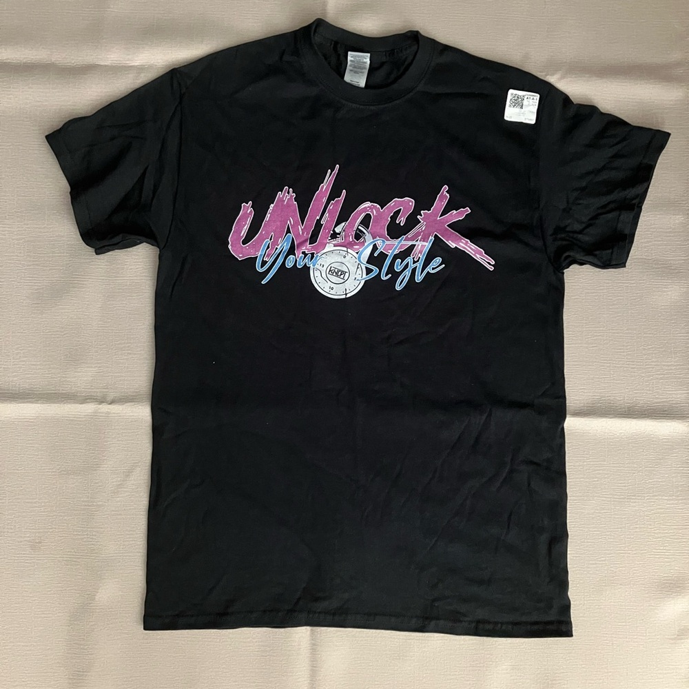 Men’s or Unisex Black Cotton Graphic Tee with Pink and Blue Design